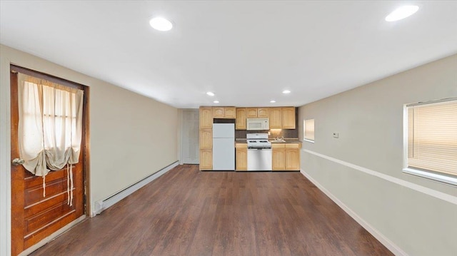 kitchen with white appliances, recessed lighting, light brown cabinetry, and dark wood-style flooring