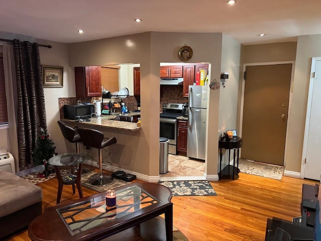 7 Everit Ave Unit B11, Hewlett, NY 11557 - kitchen featuring under cabinet range hood, stainless steel appliances, light wood-style floors, decorative backsplash, and a peninsula