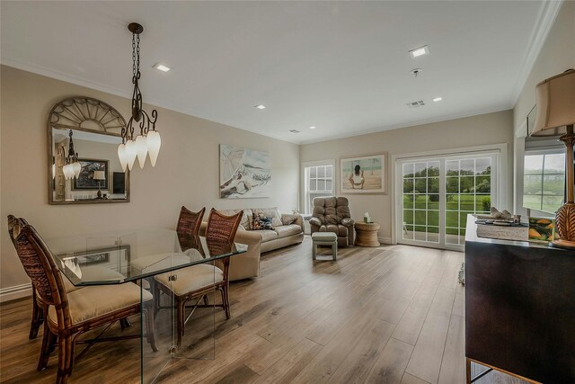 2300 Fox Hill Dr Unit 1101, Baiting Hollow, NY 11933 - dining area featuring ornamental molding, wood finished floors, and recessed lighting
