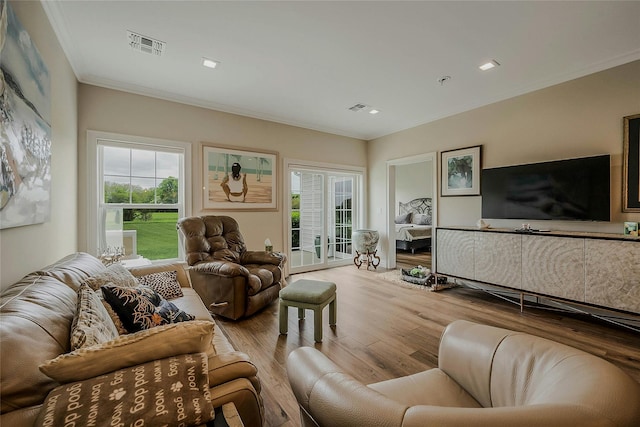 2300 Fox Hill Dr Unit 1101, Baiting Hollow, NY 11933 - living area featuring wood finished floors, crown molding, and plenty of natural light