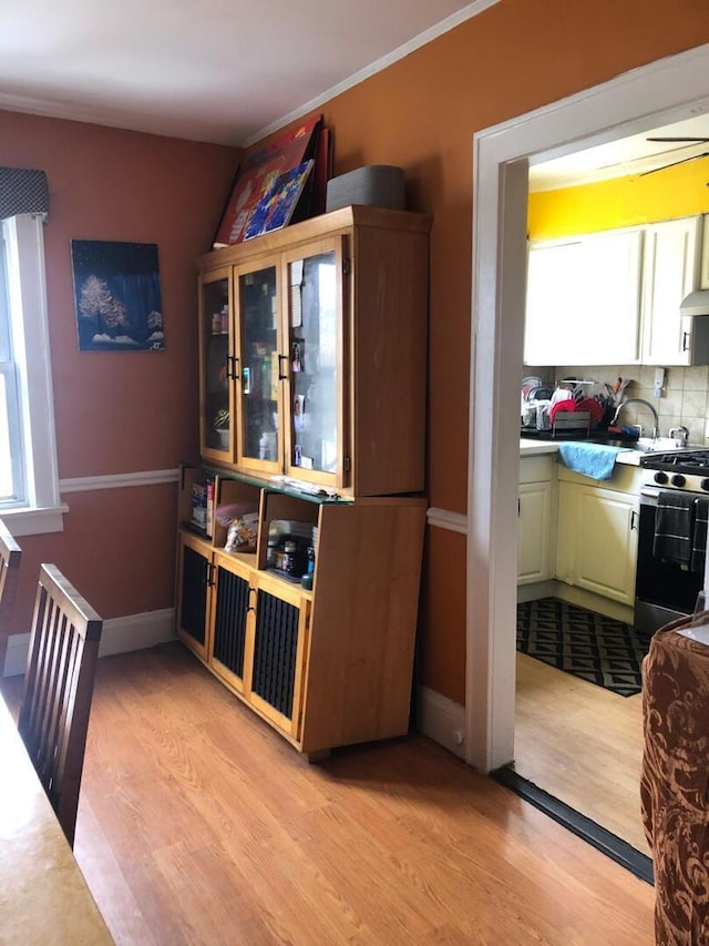 interior space with crown molding, light wood finished floors, and baseboards