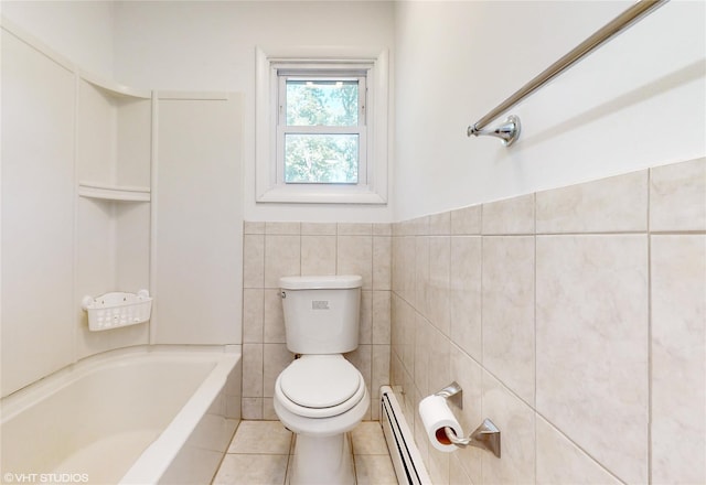 full bathroom featuring toilet, tile walls, tile patterned floors, shower / bath combination, and a baseboard radiator