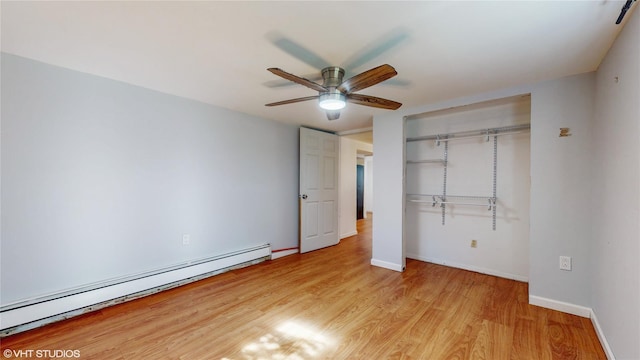 unfurnished bedroom with a ceiling fan, baseboards, a baseboard radiator, a closet, and light wood-style floors