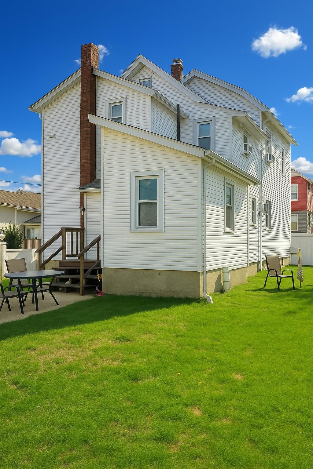 back of house with a lawn and a chimney