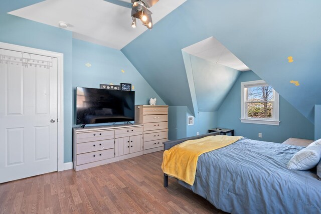 bedroom featuring lofted ceiling and wood finished floors
