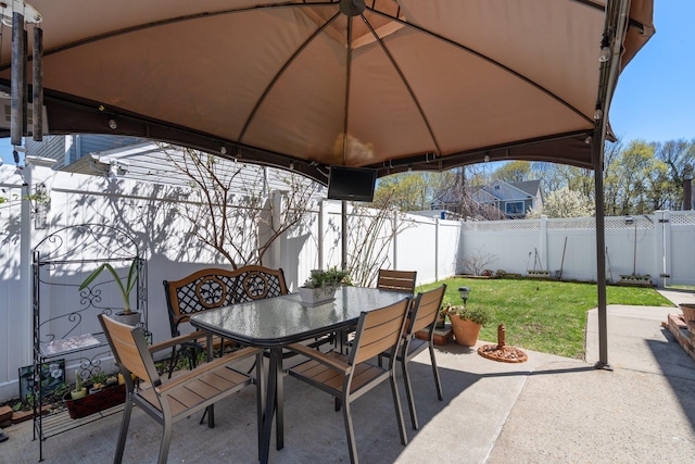 view of patio featuring a fenced backyard and outdoor dining area