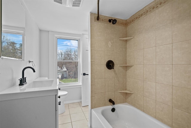 full bath featuring tile patterned flooring, visible vents, toilet, vanity, and shower / tub combination