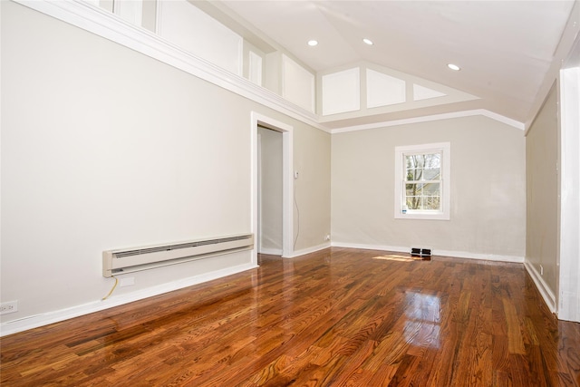 129 Locust Dr, Mastic Beach, NY 11951 - unfurnished living room featuring a baseboard heating unit, lofted ceiling, wood finished floors, recessed lighting, and baseboards