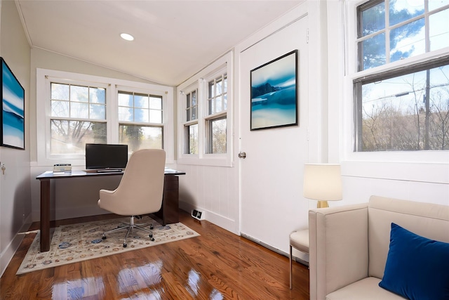 129 Locust Dr, Mastic Beach, NY 11951 - office featuring wood finished floors, vaulted ceiling, plenty of natural light, baseboards, and recessed lighting
