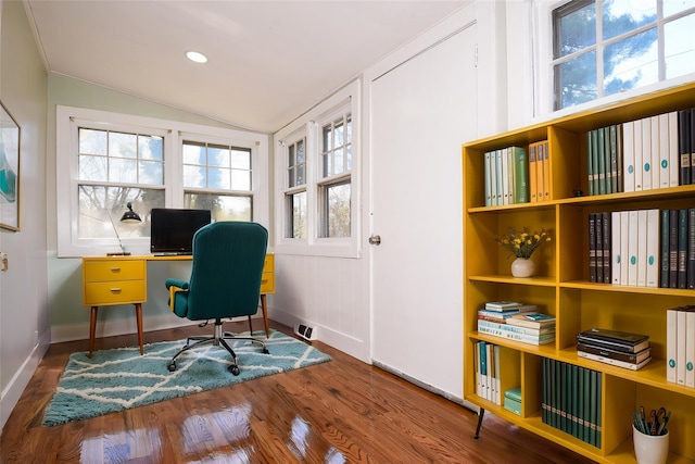 129 Locust Dr, Mastic Beach, NY 11951 - office space featuring baseboards, lofted ceiling, and wood finished floors