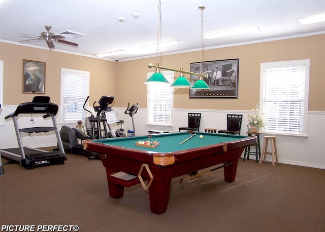 16 Hearthside Dr, Mount Sinai, NY 11766 - recreation room featuring pool table, crown molding, visible vents, and carpet