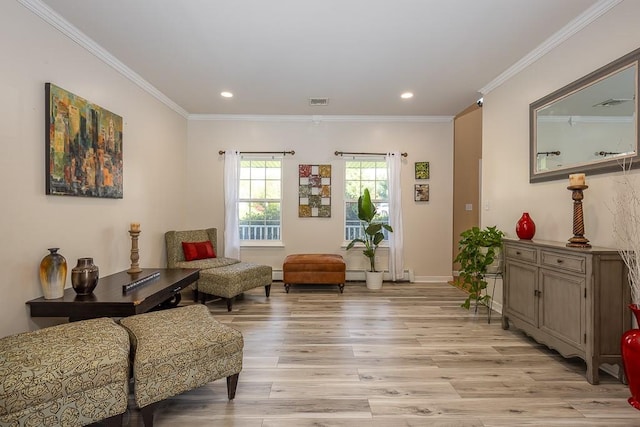 17 Frances Ln, Monroe, NY 10950 - living area featuring visible vents, ornamental molding, baseboards, recessed lighting, and light wood finished floors