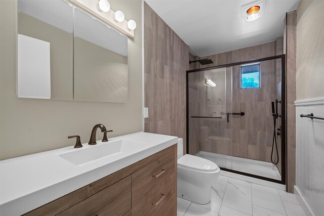 242 Callicoon Center Rd, Jeffersonville, NY 12748 - bathroom featuring a stall shower, toilet, vanity, and marble finish floor