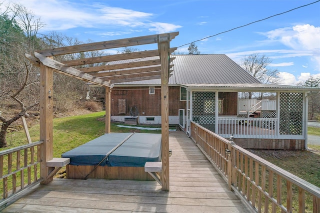 242 Callicoon Center Rd, Jeffersonville, NY 12748 - wooden terrace featuring a lawn, a covered hot tub, and a pergola