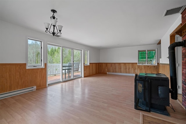 242 Callicoon Center Rd, Jeffersonville, NY 12748 - unfurnished living room featuring visible vents, a wainscoted wall, baseboard heating, and a wood stove