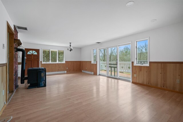 242 Callicoon Center Rd, Jeffersonville, NY 12748 - unfurnished living room featuring visible vents, a wood stove, a wainscoted wall, and a baseboard radiator