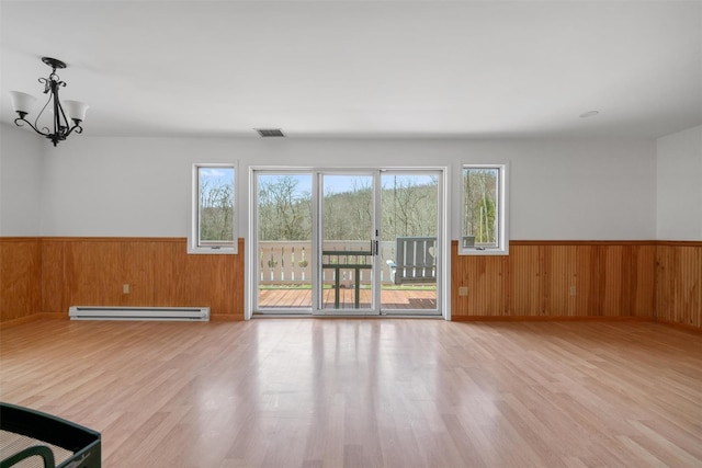 242 Callicoon Center Rd, Jeffersonville, NY 12748 - interior space with wooden walls, visible vents, wainscoting, and a baseboard radiator