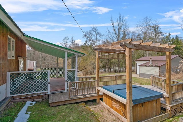 242 Callicoon Center Rd, Jeffersonville, NY 12748 - wooden terrace featuring an outdoor structure, a pergola, and a hot tub