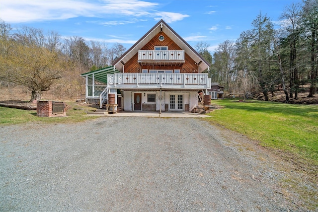 242 Callicoon Center Rd, Jeffersonville, NY 12748 - chalet / cabin with a deck, driveway, french doors, a front yard, and stairs