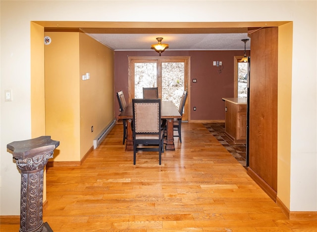 295 Overhill Rd, Stormville, NY 12582 - dining room featuring a baseboard heating unit, a wealth of natural light, ornamental molding, and light wood finished floors