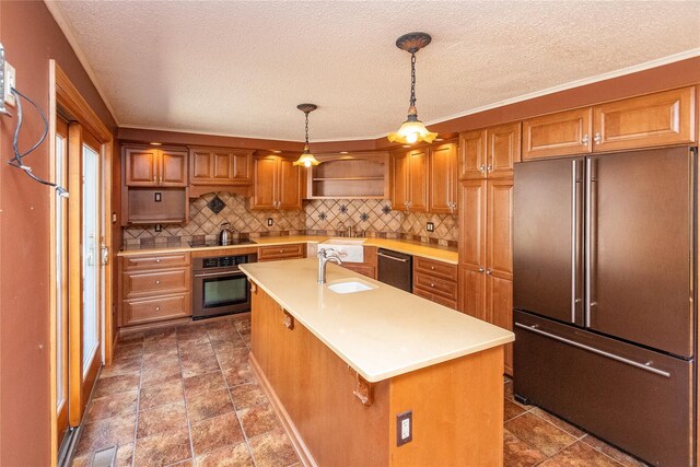 295 Overhill Rd, Stormville, NY 12582 - kitchen with open shelves, a textured ceiling, black appliances, light countertops, and backsplash