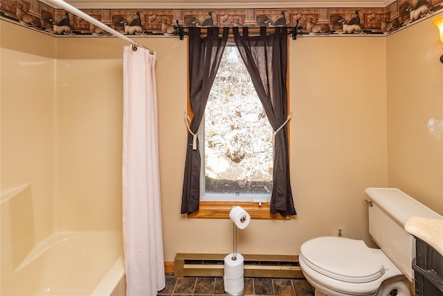 295 Overhill Rd, Stormville, NY 12582 - bathroom featuring toilet, baseboard heating, and shower / bathtub combination with curtain