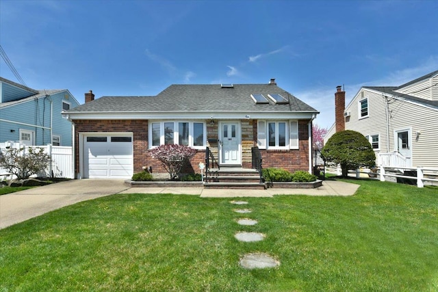 view of front of home with concrete driveway, a front yard, an attached garage, and brick siding