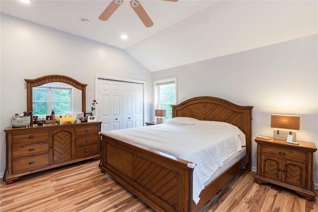 69 Taylor Rd, Patterson, NY 12563 - bedroom featuring lofted ceiling, multiple windows, a closet, light wood-style flooring, and a ceiling fan