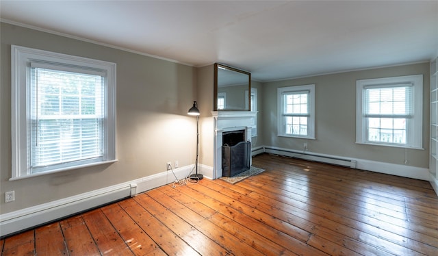 78 Closter Rd, Palisades, NY 10964 - unfurnished living room featuring crown molding, a fireplace with flush hearth, baseboard heating, baseboards, and wood-type flooring