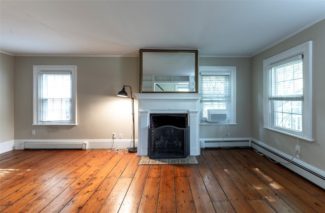 78 Closter Rd, Palisades, NY 10964 - unfurnished living room featuring a fireplace with flush hearth, a baseboard radiator, ornamental molding, and hardwood / wood-style floors