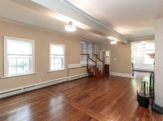 78 Closter Rd, Palisades, NY 10964 - unfurnished living room with plenty of natural light, stairs, a baseboard radiator, ornamental molding, and hardwood / wood-style flooring