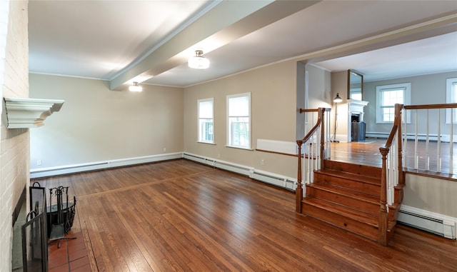 78 Closter Rd, Palisades, NY 10964 - unfurnished living room with crown molding, a fireplace, baseboards, stairway, and hardwood / wood-style flooring