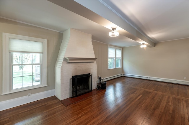 78 Closter Rd, Palisades, NY 10964 - unfurnished living room with a baseboard heating unit, ornamental molding, dark wood finished floors, and a fireplace