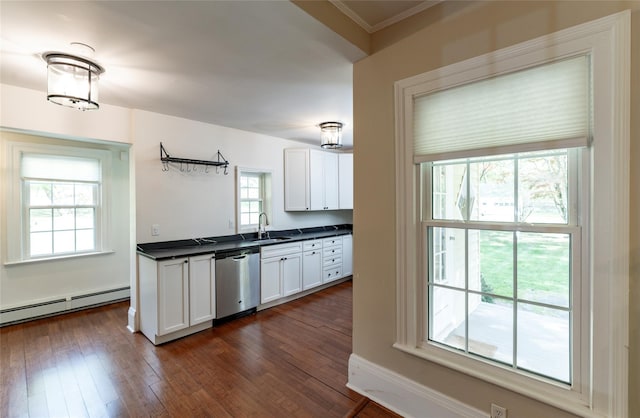 78 Closter Rd, Palisades, NY 10964 - kitchen with a sink, dark countertops, white cabinets, and stainless steel dishwasher