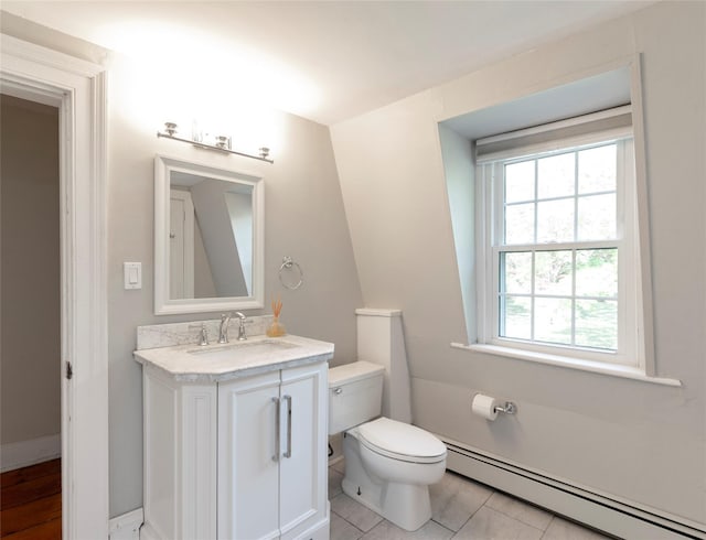 78 Closter Rd, Palisades, NY 10964 - half bathroom featuring vanity, a baseboard radiator, toilet, and tile patterned flooring