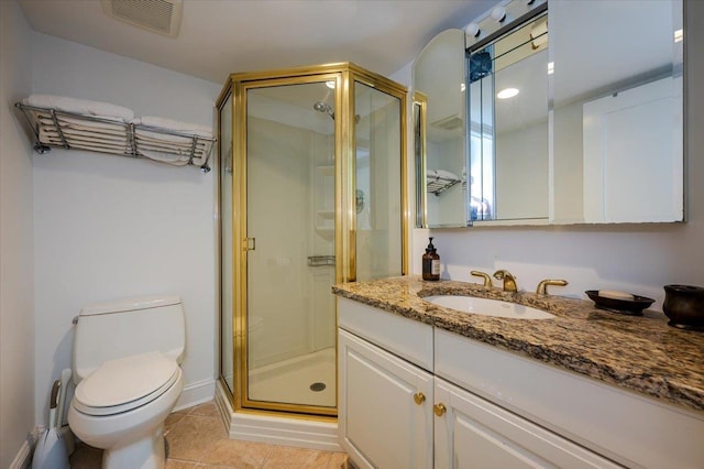 full bathroom with a shower stall, visible vents, toilet, and vanity