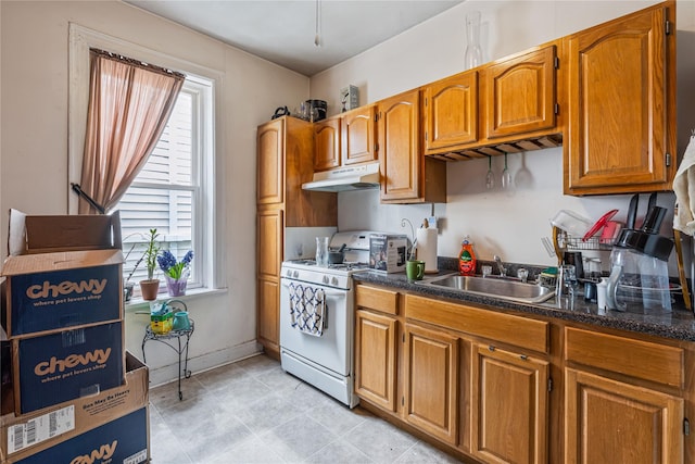 1816 21st Dr, Astoria, NY 11105 - kitchen featuring white gas stove, a healthy amount of sunlight, under cabinet range hood, and a sink