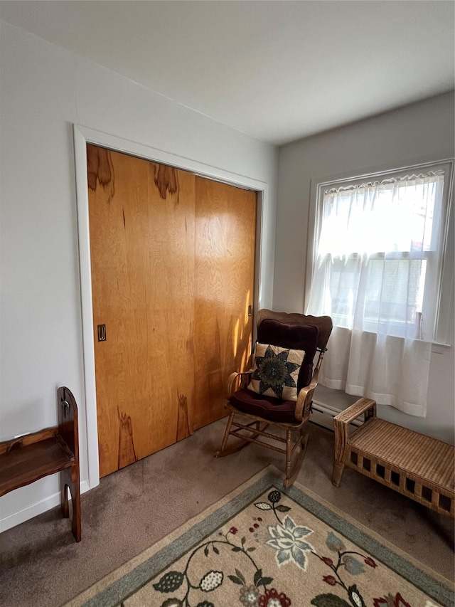 living area featuring carpet