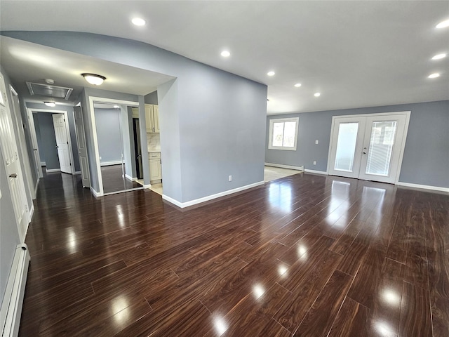 empty room with french doors, a baseboard heating unit, baseboard heating, and baseboards