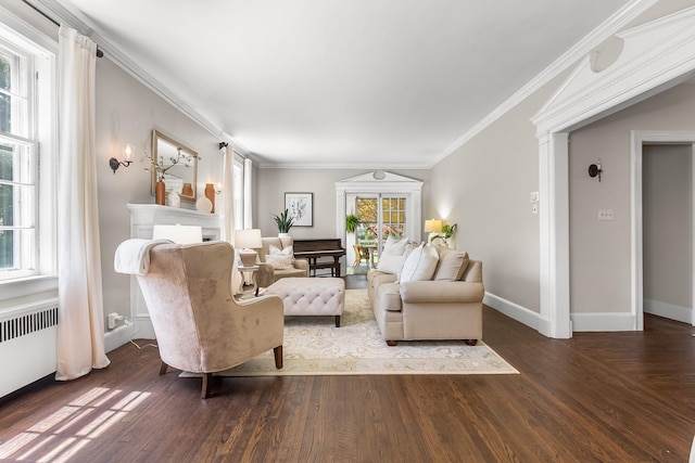 living area with wood finished floors, ornamental molding, baseboards, a fireplace, and radiator heating unit