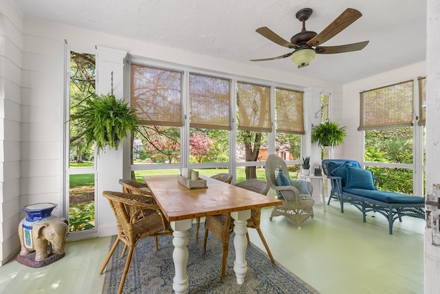 sunroom featuring ceiling fan and plenty of natural light