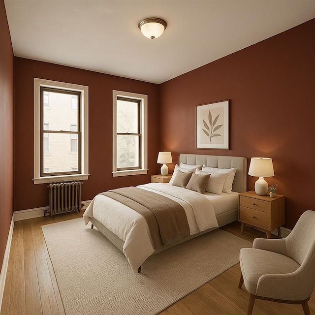 86-03 102nd St Unit 2D, Richmond Hill, NY 11418 - bedroom with baseboards, radiator heating unit, and wood finished floors