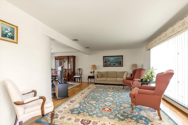 living room with plenty of natural light, wood finished floors, and a baseboard radiator