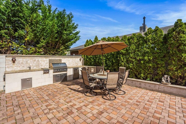 view of patio featuring outdoor dining space, exterior kitchen, and area for grilling