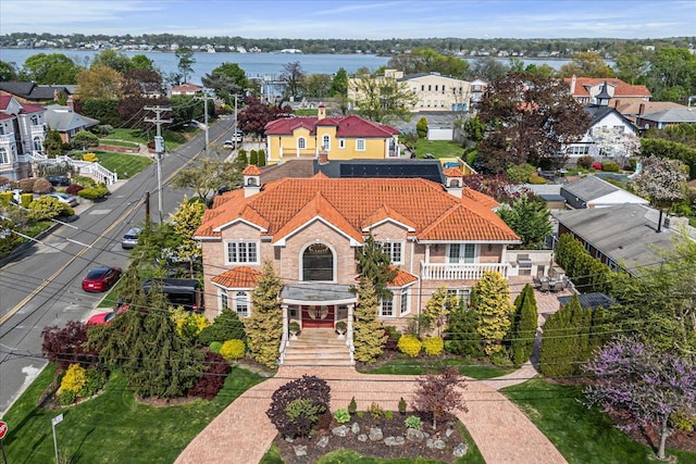 bird's eye view with a water view