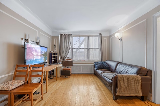 living area with light wood-type flooring and radiator
