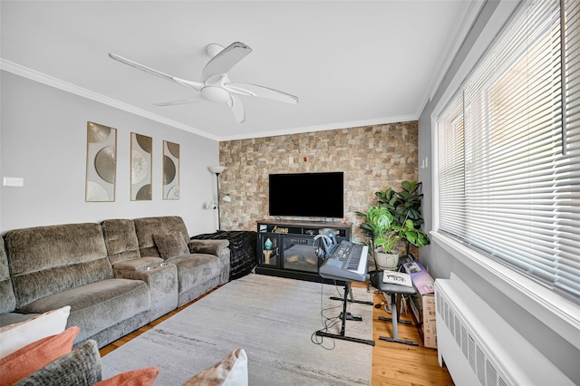 4415 Mundy Ln, Bronx, NY 10466 - living area featuring radiator, light wood-type flooring, crown molding, and a ceiling fan