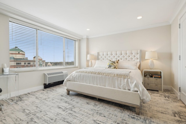 bedroom with baseboards, recessed lighting, a wall mounted air conditioner, and crown molding