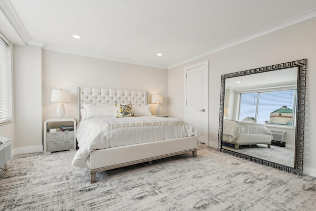 bedroom featuring recessed lighting, baseboards, and ornamental molding