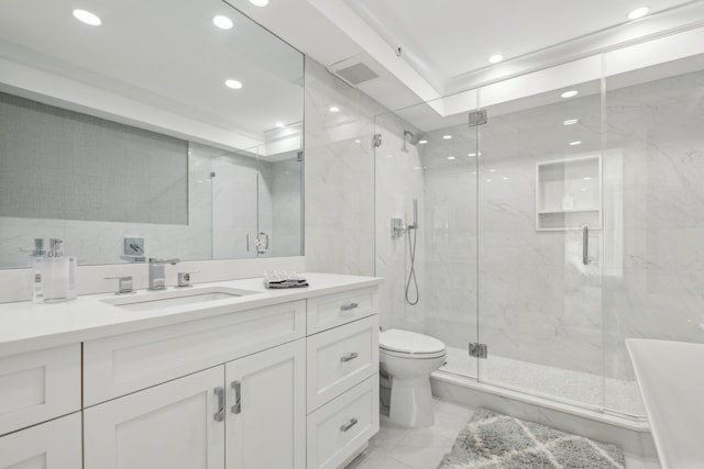full bathroom with recessed lighting, marble finish floor, toilet, vanity, and a marble finish shower